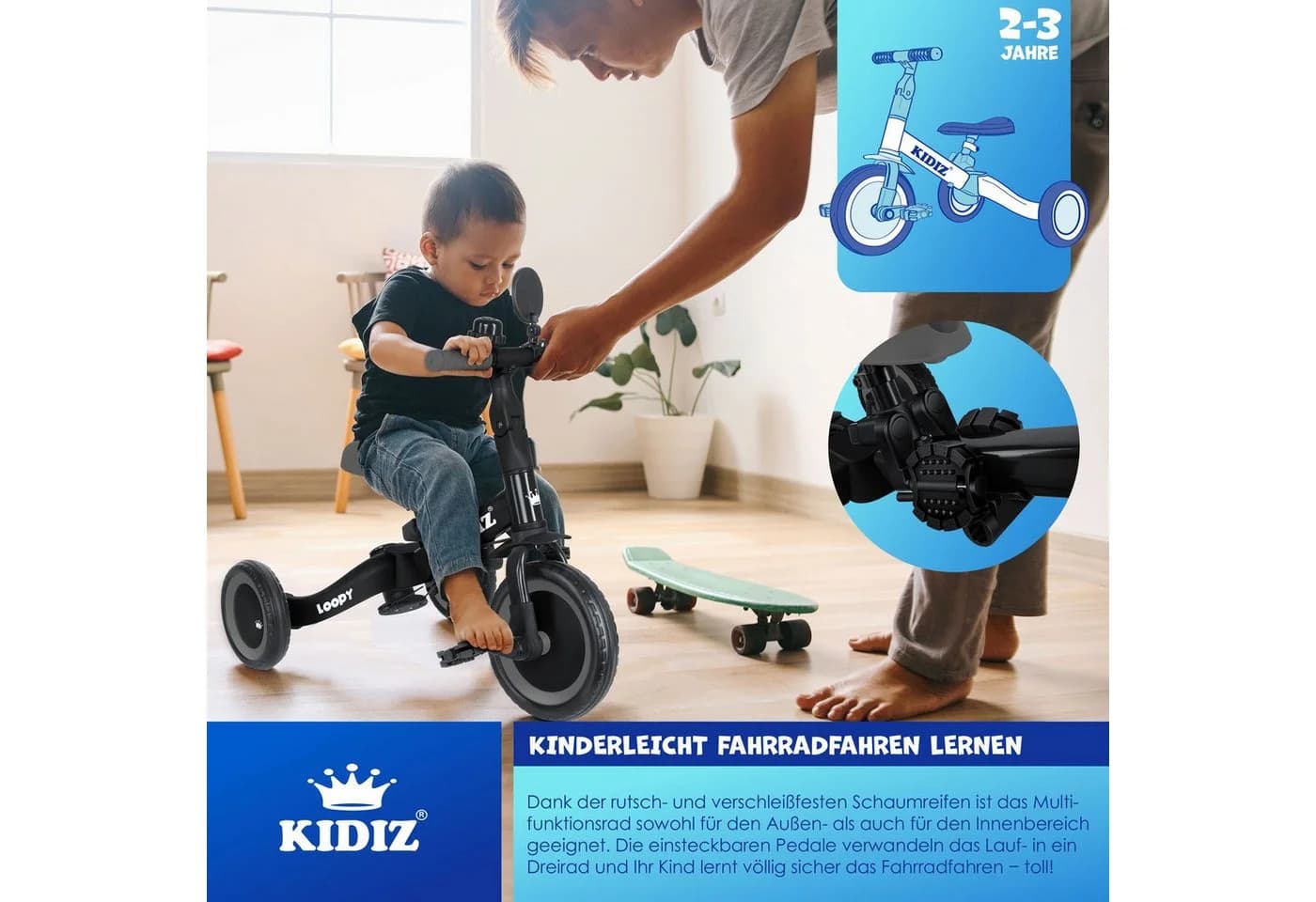 KIDIZ Laufrad 6in1 Dreirad Loopy Schwarz Kinderfahrzeug - Bild 5