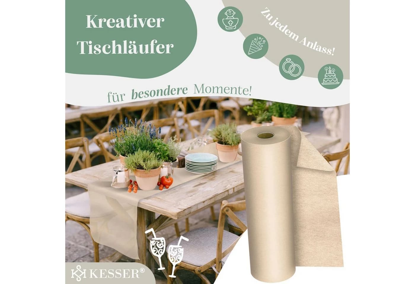 KESSER Tischläufer Vlies wasserabweisend abwaschbar Weiss Beige - Bild 3