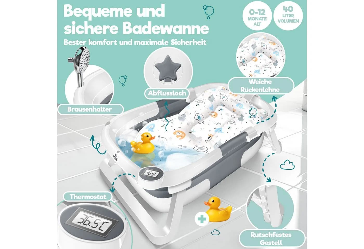 KIDIZ Babybadewanne für Neugeborene und Kleinkinder 0-12 Monate