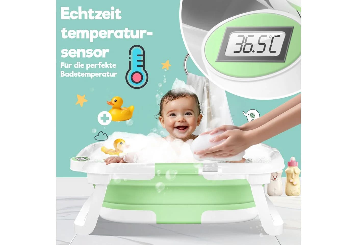 KIDIZ Babybadewanne faltbar mit Thermostat grün - Bild 3