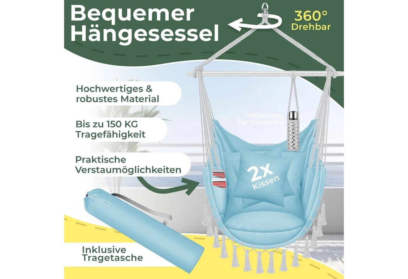 KESSER Hängesessel mit Kissen, Getränkehalter & Bücherfach
