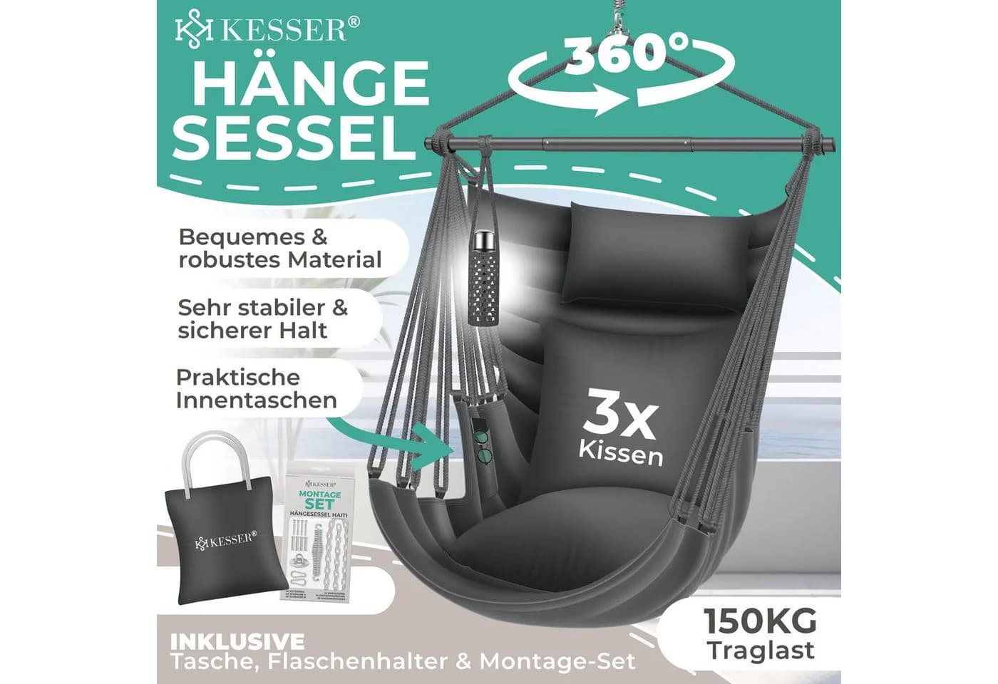 KESSER Hängesessel Haiti Anthrazit 150kg Traglast mit Kissen