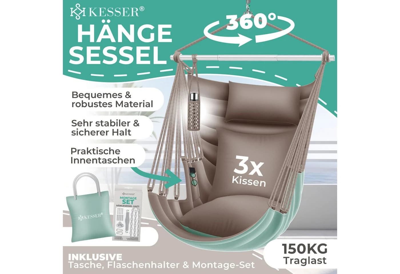 KESSER Hängesessel Haiti Taupe 150kg Traglast mit 2 Kissen