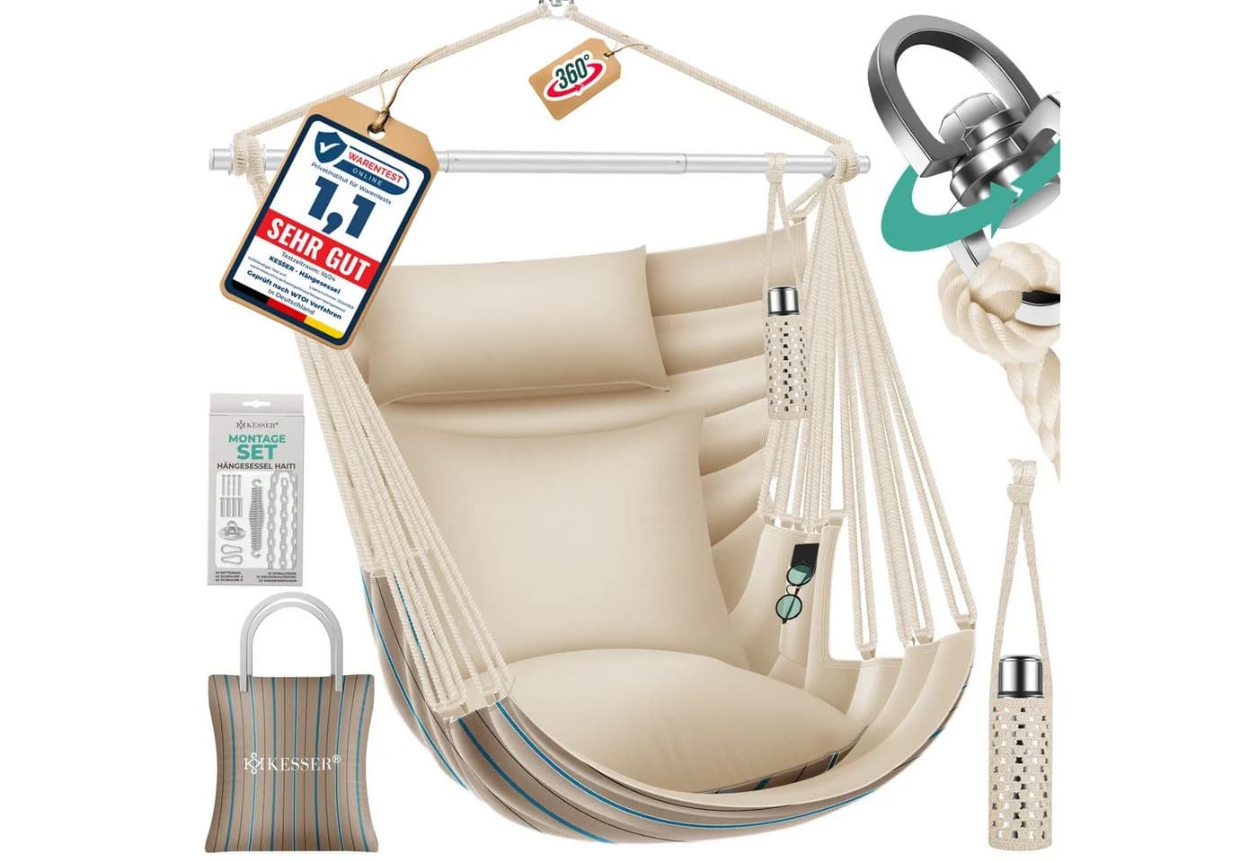 KESSER Hängesessel Haiti 150kg Traglast Beige mit 2 Kissen - Bild 2