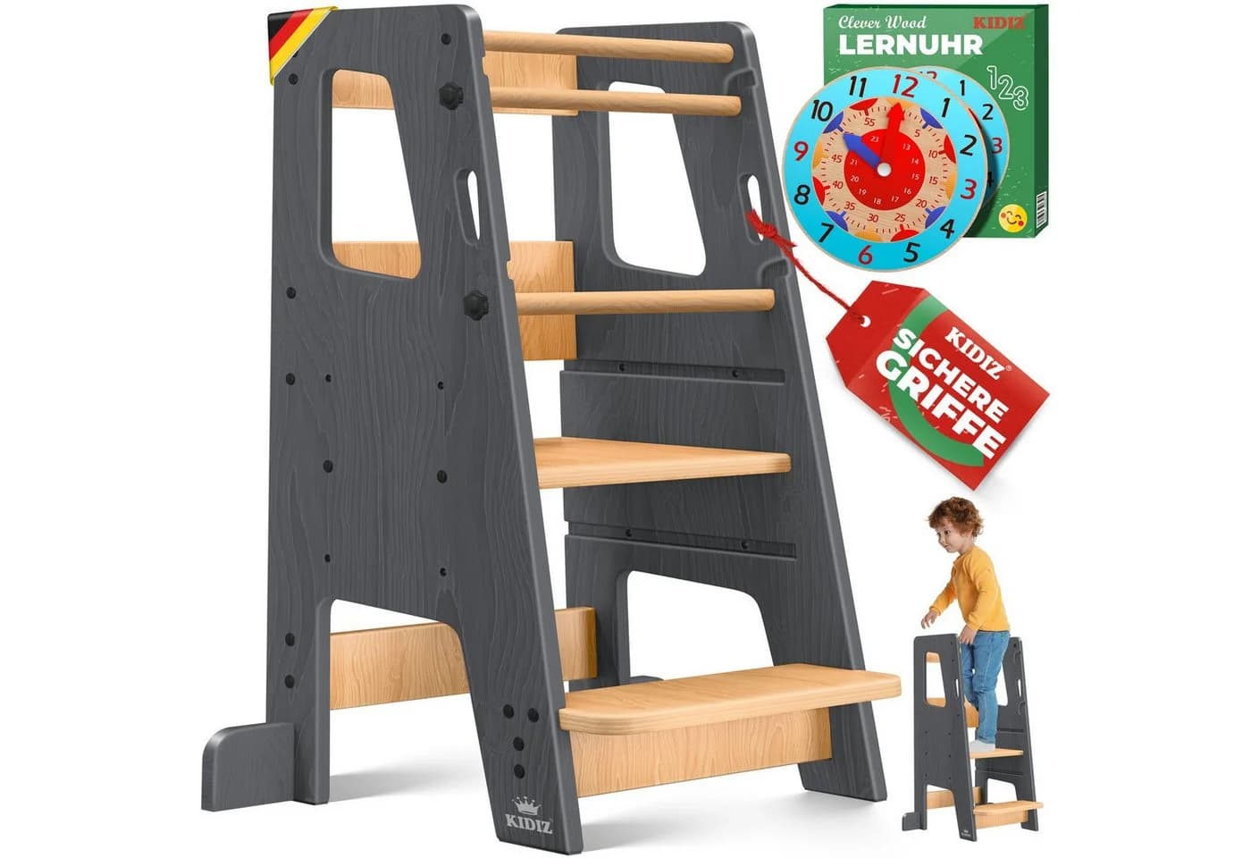 KIDIZ Lernturm Kiefernholz Höhenverstellbar Anthrazit/Braun - Bild 2