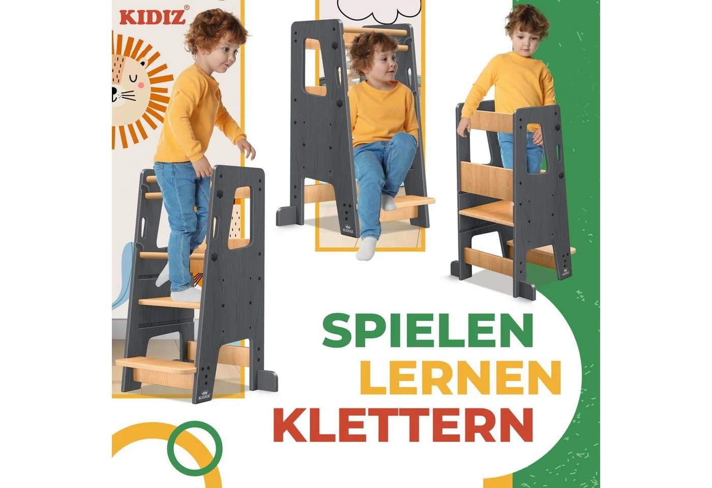 KIDIZ Lernturm Kiefernholz Höhenverstellbar Anthrazit/Braun - Bild 5