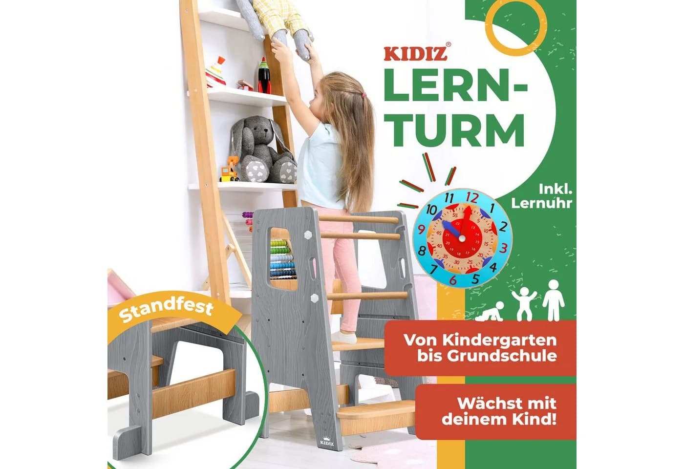 KIDIZ Lernturm Kiefernholz Höhenverstellbar Grau/Braun