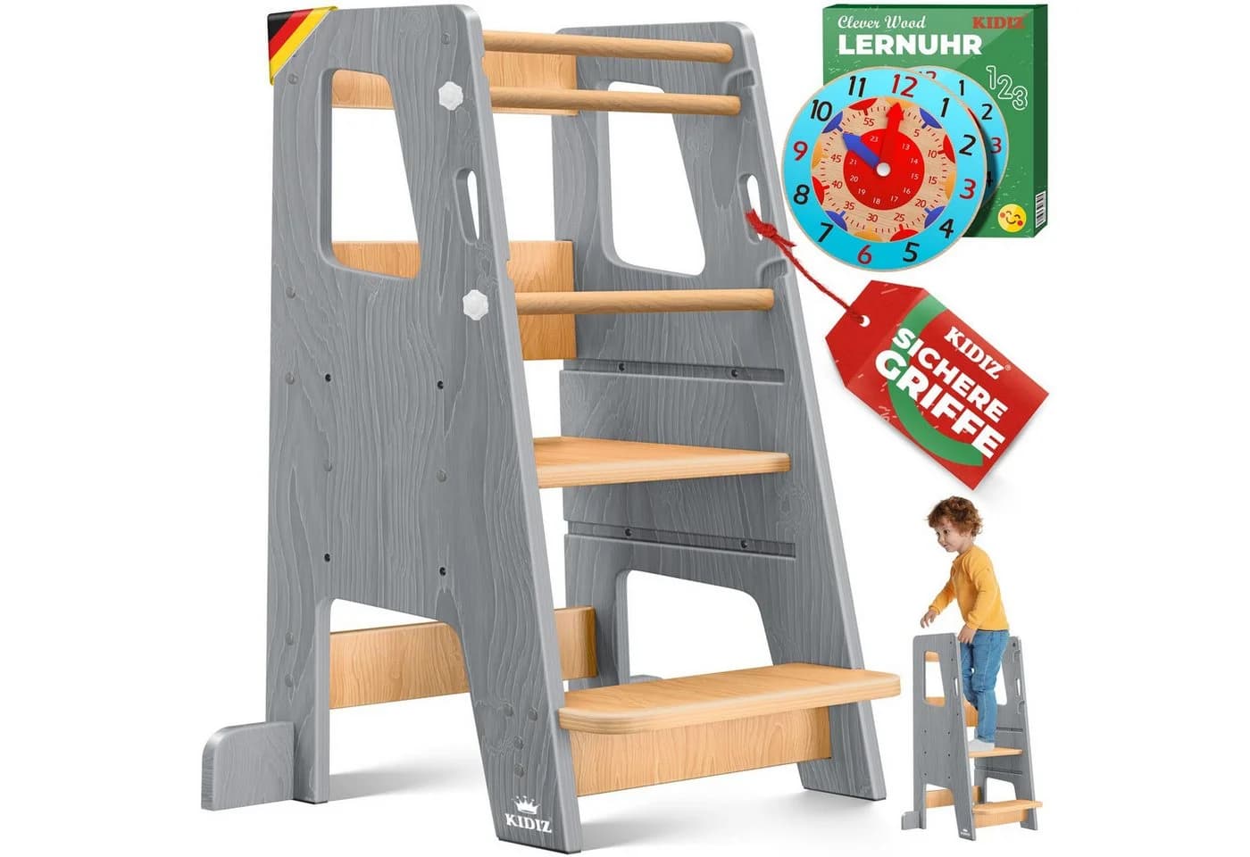 KIDIZ Lernturm Kiefernholz Höhenverstellbar Grau/Braun - Bild 2