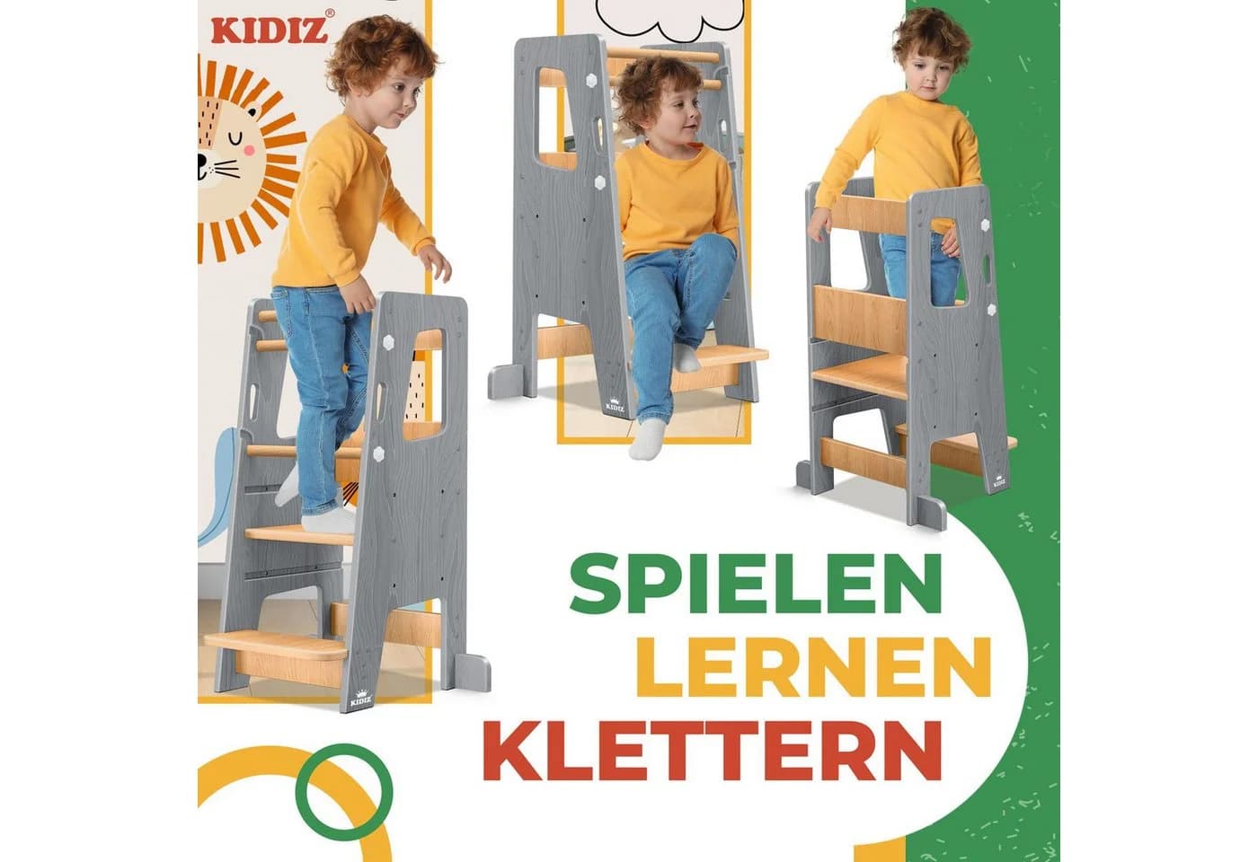 KIDIZ Lernturm Kiefernholz Höhenverstellbar Grau/Braun - Bild 5