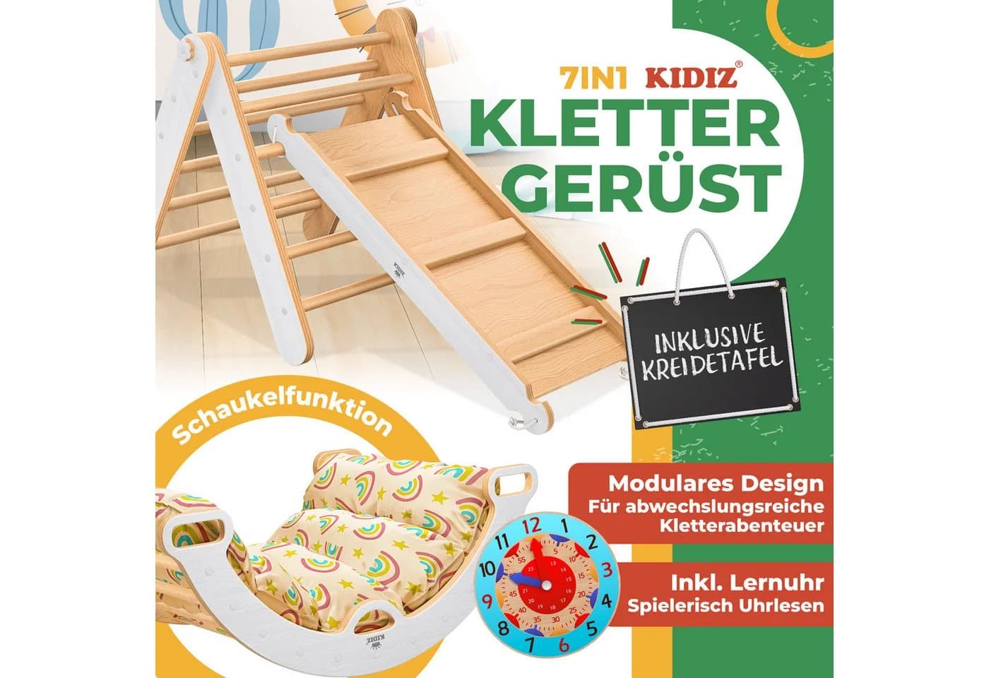 KIDIZ Klettergerüst 7in1 Spiel-Set aus Holz Weiß/Braun