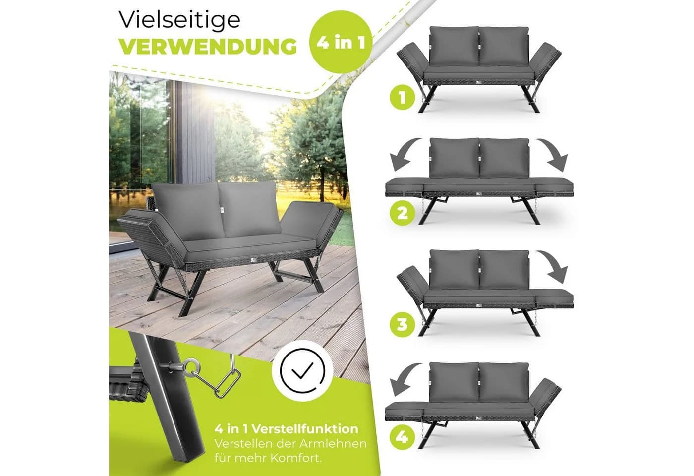 KESSER Gartenbank Polyrattan Luna Schwarz mit Liegefunktion - Bild 3