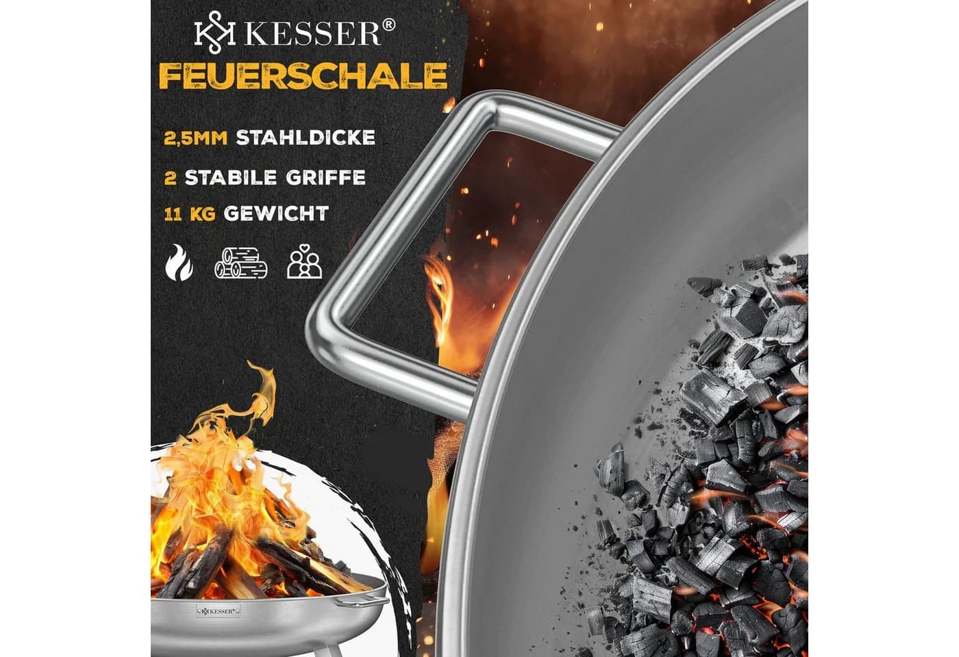 KESSER Feuerschale 2,5mm Stahl mit Gusseisen Feuerhaken