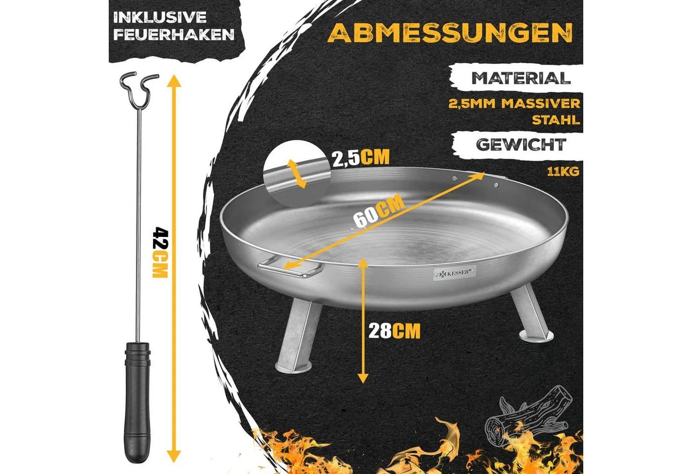 KESSER Feuerschale 2,5mm Stahl mit Gusseisen Feuerhaken - Bild 3