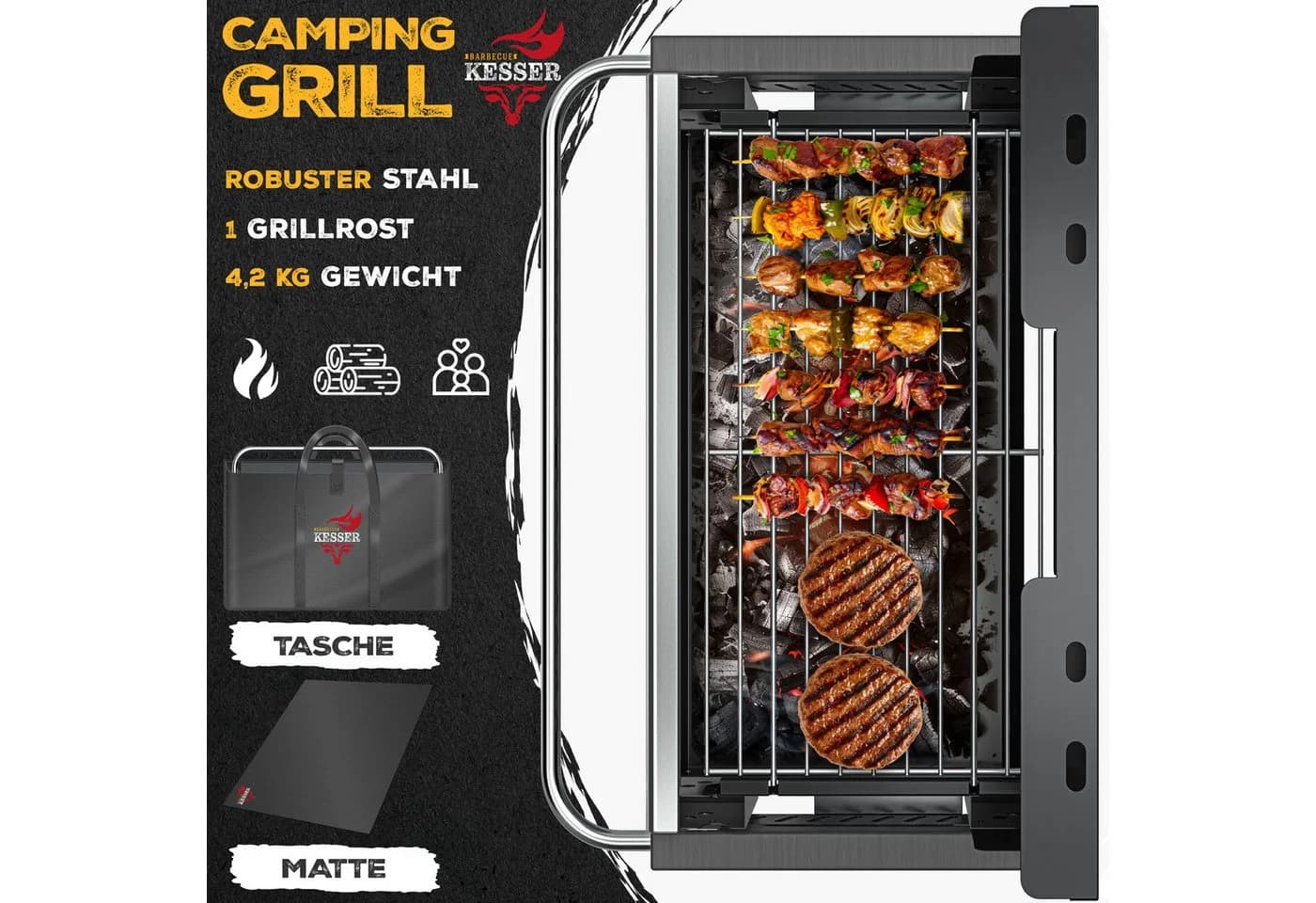 KESSER Tragbarer Campinggrill aus pulverbeschichtetem Stahl mit Grillmatte
