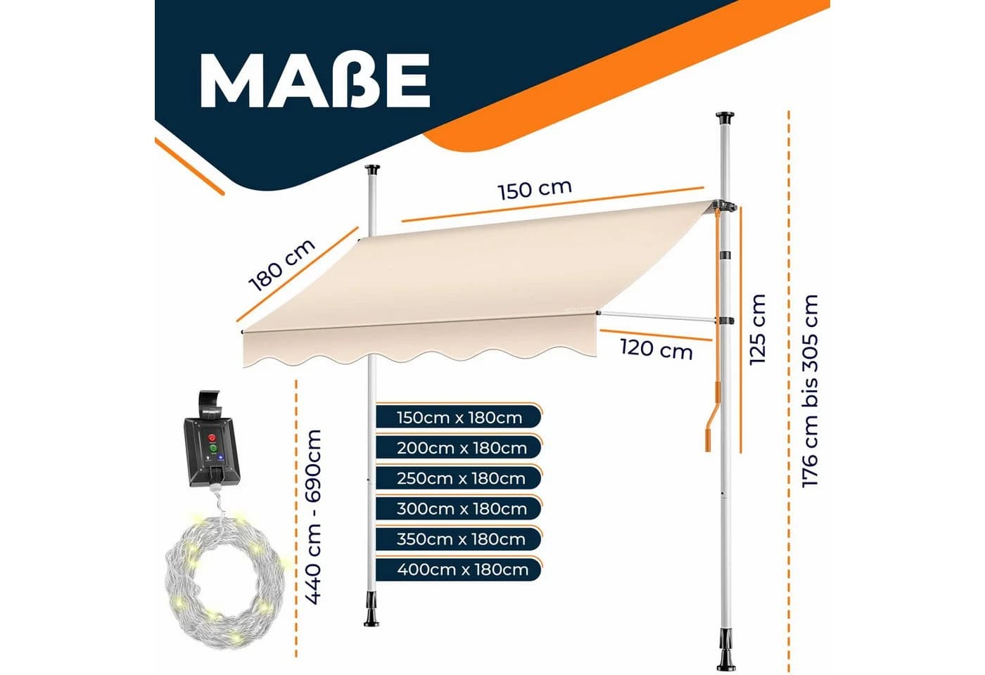 KESSER Klemmmarkise mit LED und Kurbel Beige - Bild 5