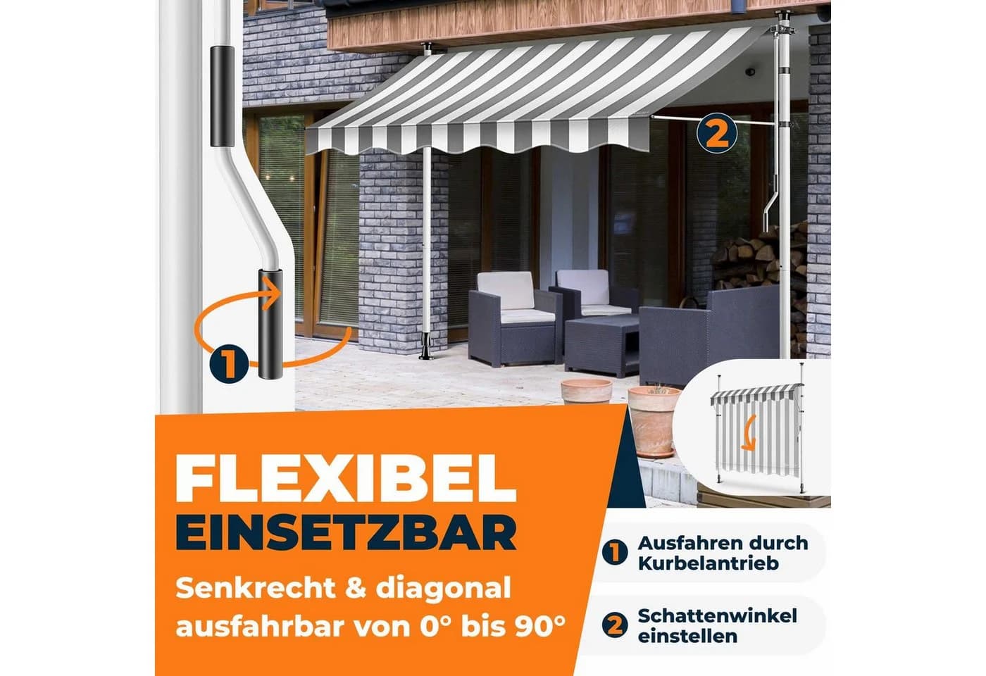 KESSER Klemmmarkise mit LED & Handkurbel, UV-Schutz & Wasserabweisend