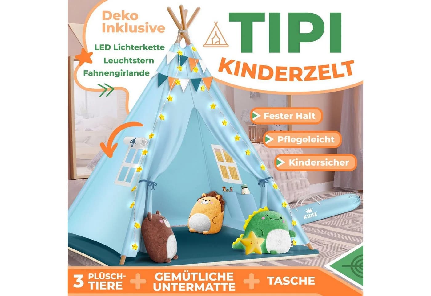 KIDIZ Tipi Kinderzelt mit LED-Licht und Plüschtieren
