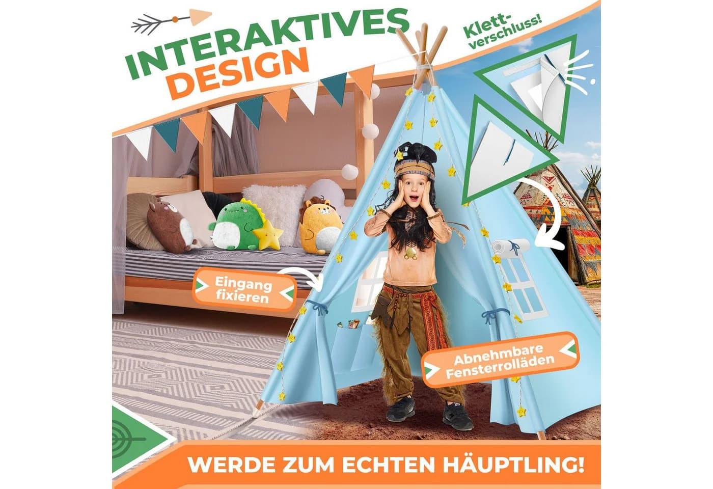 KIDIZ Tipi Kinderzelt mit LED-Licht und Plüschtieren - Bild 3