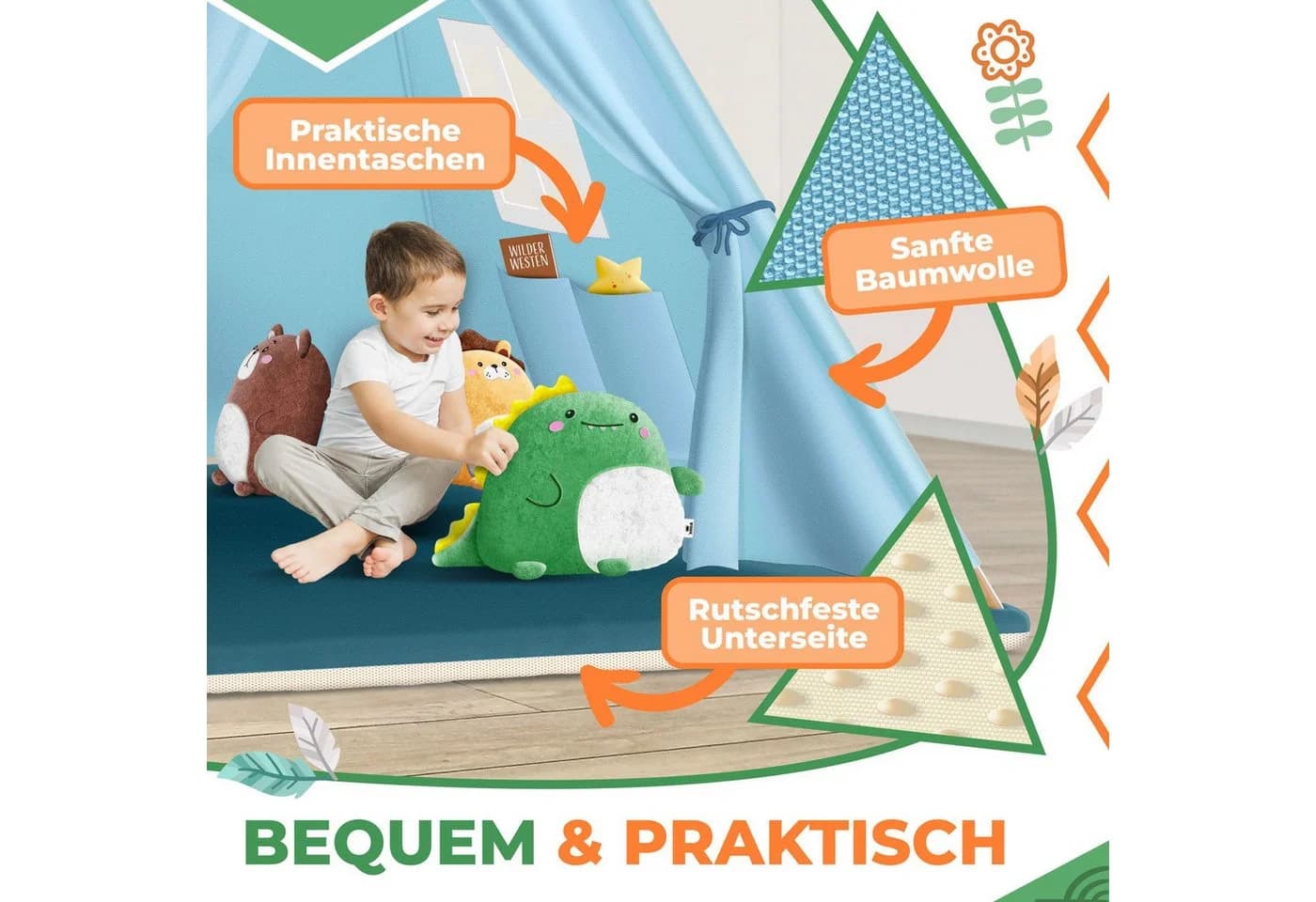 KIDIZ Tipi Kinderzelt mit LED-Licht und Plüschtieren - Bild 5