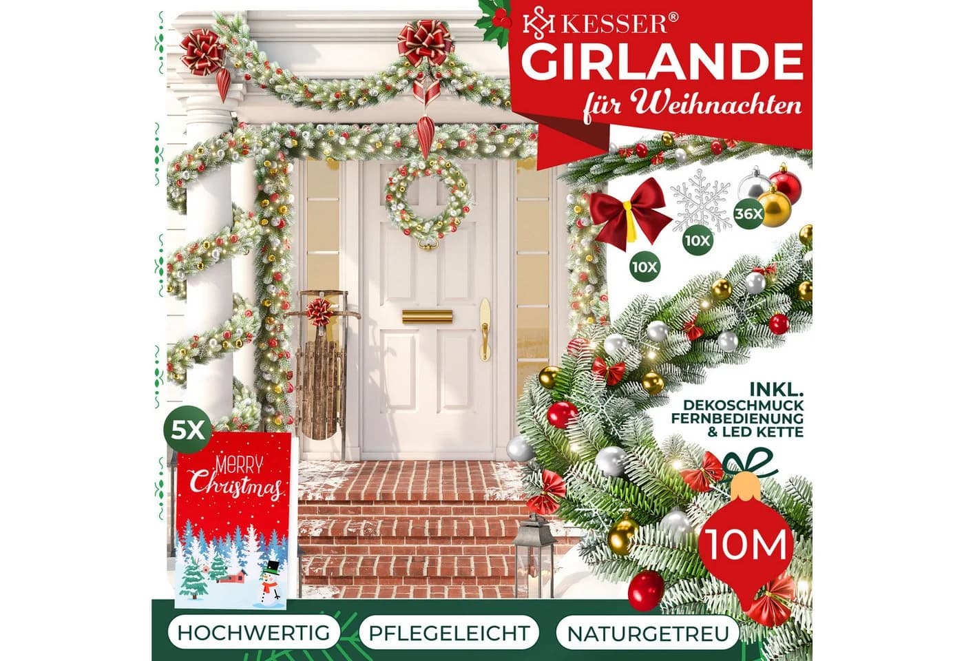 KESSER® Weihnachtsgirlande mit LED 10m inkl. Deko-Schmuck & Fernbedienung - Bild 1
