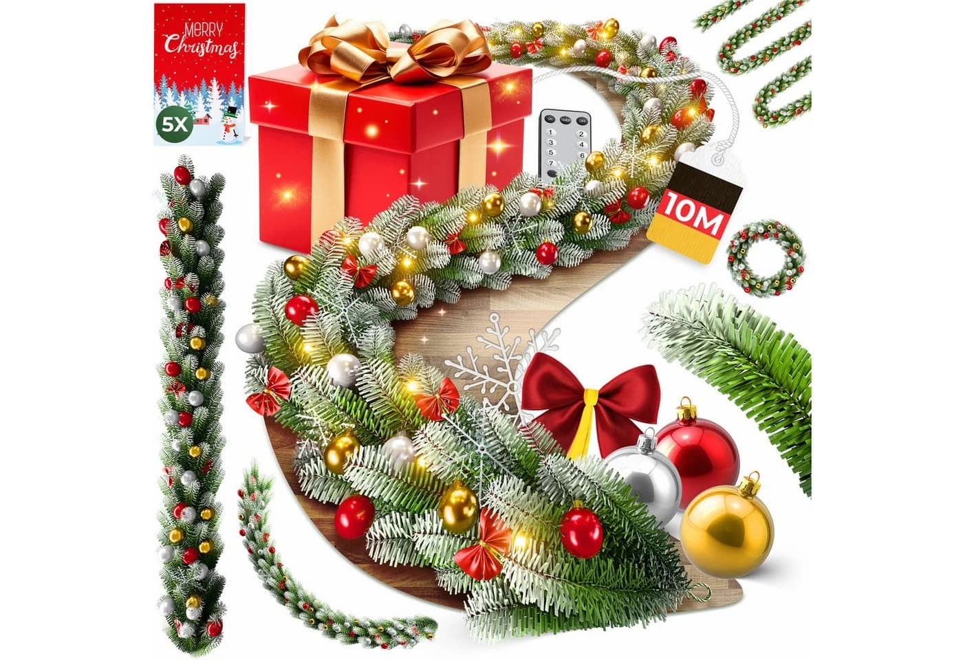 KESSER® Weihnachtsgirlande mit LED 10m inkl. Deko-Schmuck & Fernbedienung - Bild 2