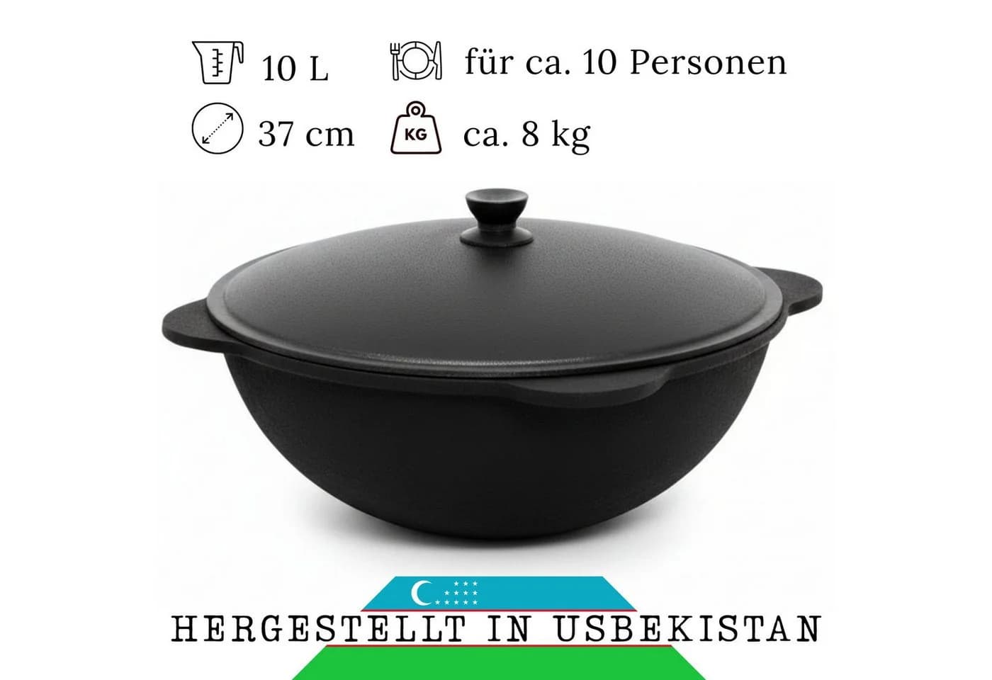 BIG-PAN Gusseisen Kazan 10L mit Aluminiumdeckel Orientalisch Schwarz - Bild 3