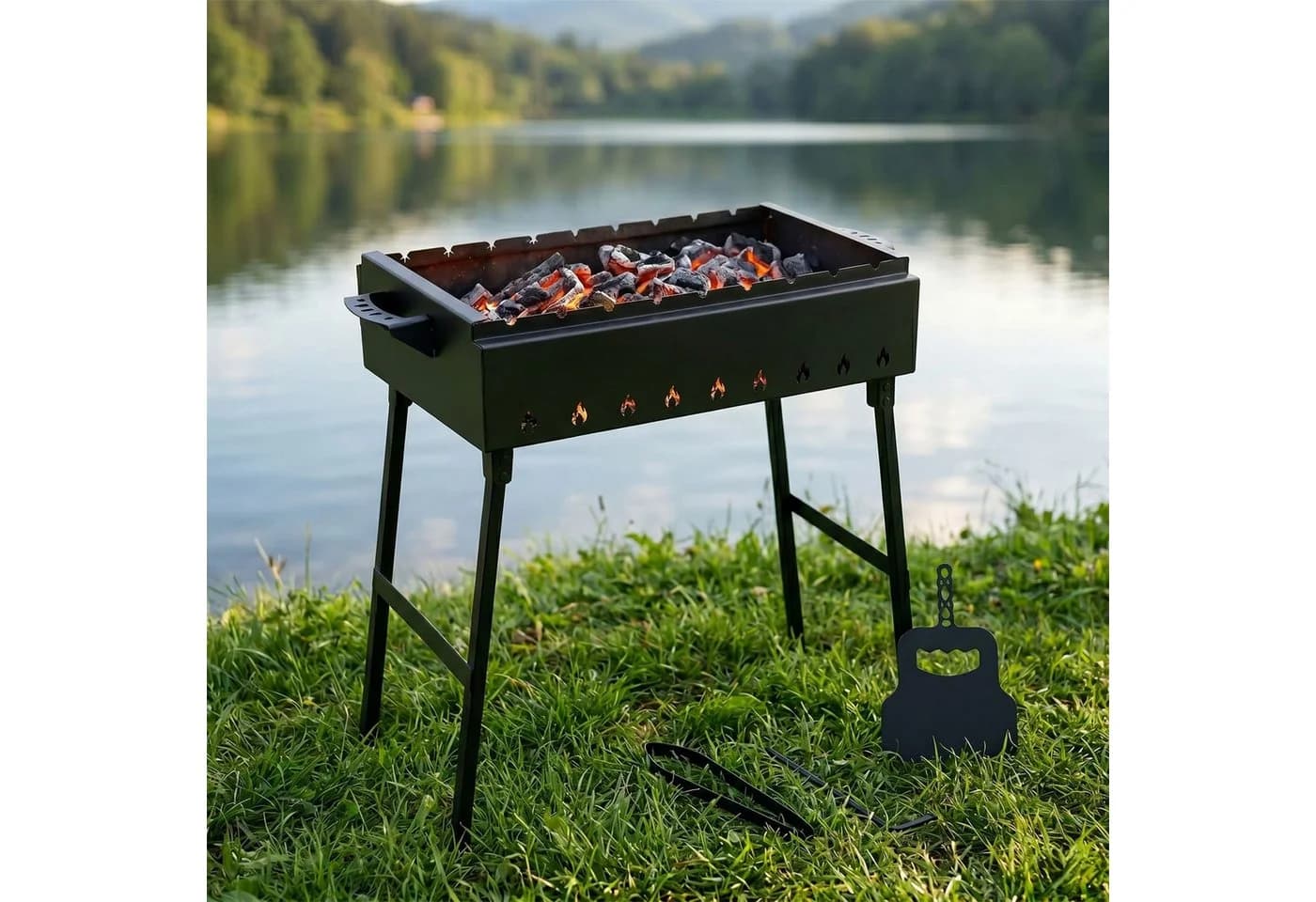 BIG-PAN Klappbarer Mangal-Grill Stahl 9 Spießplätze Schwarz