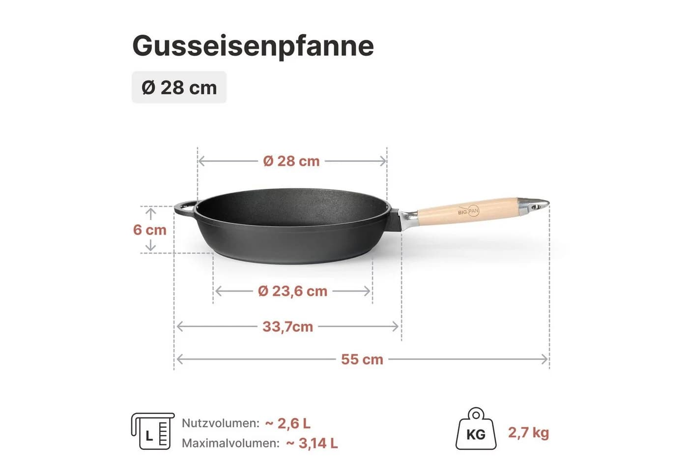 BIG-PAN Gusseisenpfanne 28 cm mit abnehmbarem Holzgriff