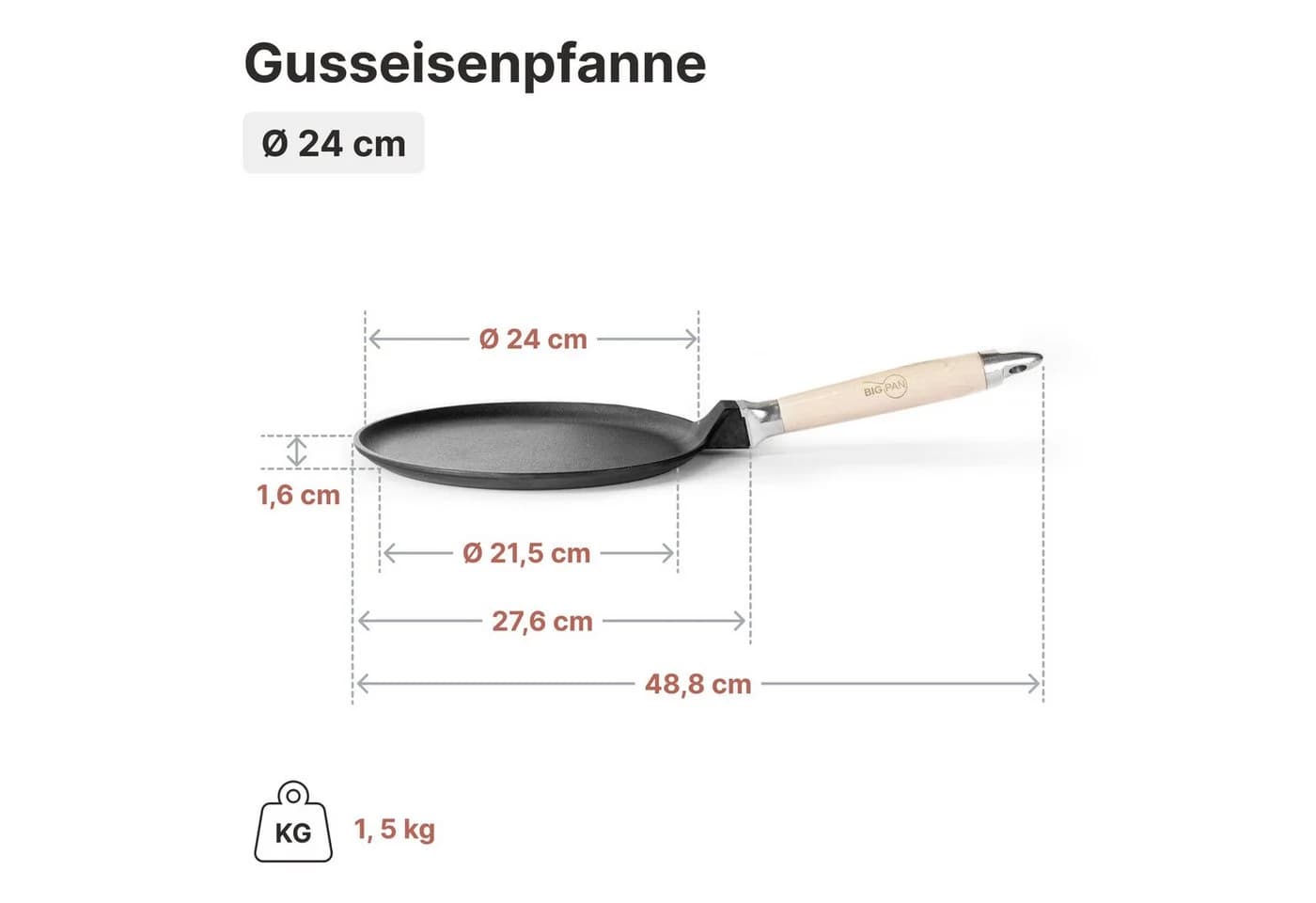 BIG-PAN Crêpepfanne Gusseisen 24 cm abnehmbarer Griff