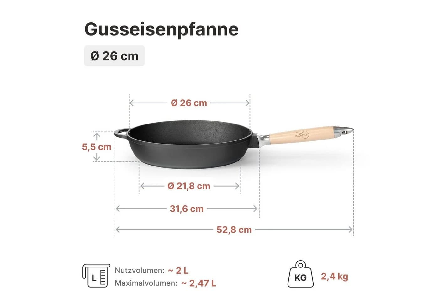 BIG-PAN Schmorpfanne Gusseisen 26 cm mit abnehmbarem Holzgriff