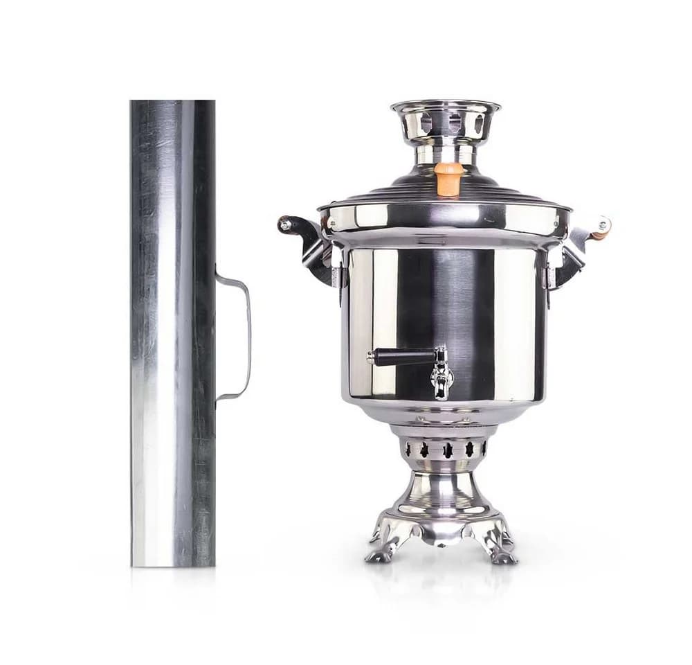 BIG-PAN Wasserkessel Samowar 5 L Edelstahl mit Schornstein und Teeservice Pahta