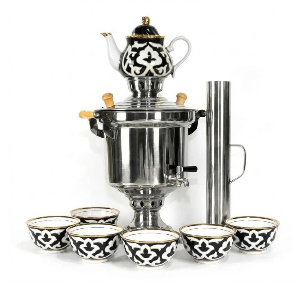 BIG-PAN Wasserkessel Samowar 5 L Edelstahl mit Schornstein und Teeservice Pahta - Bild 2