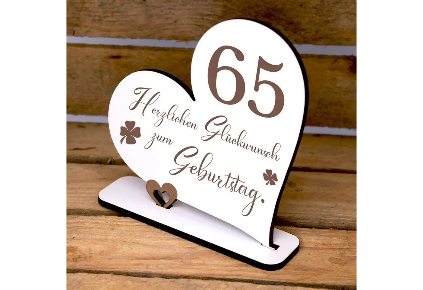 Dekolando Deko-Schriftzug 65 Jahre Herz Aufsteller 15x15 cm Weiß