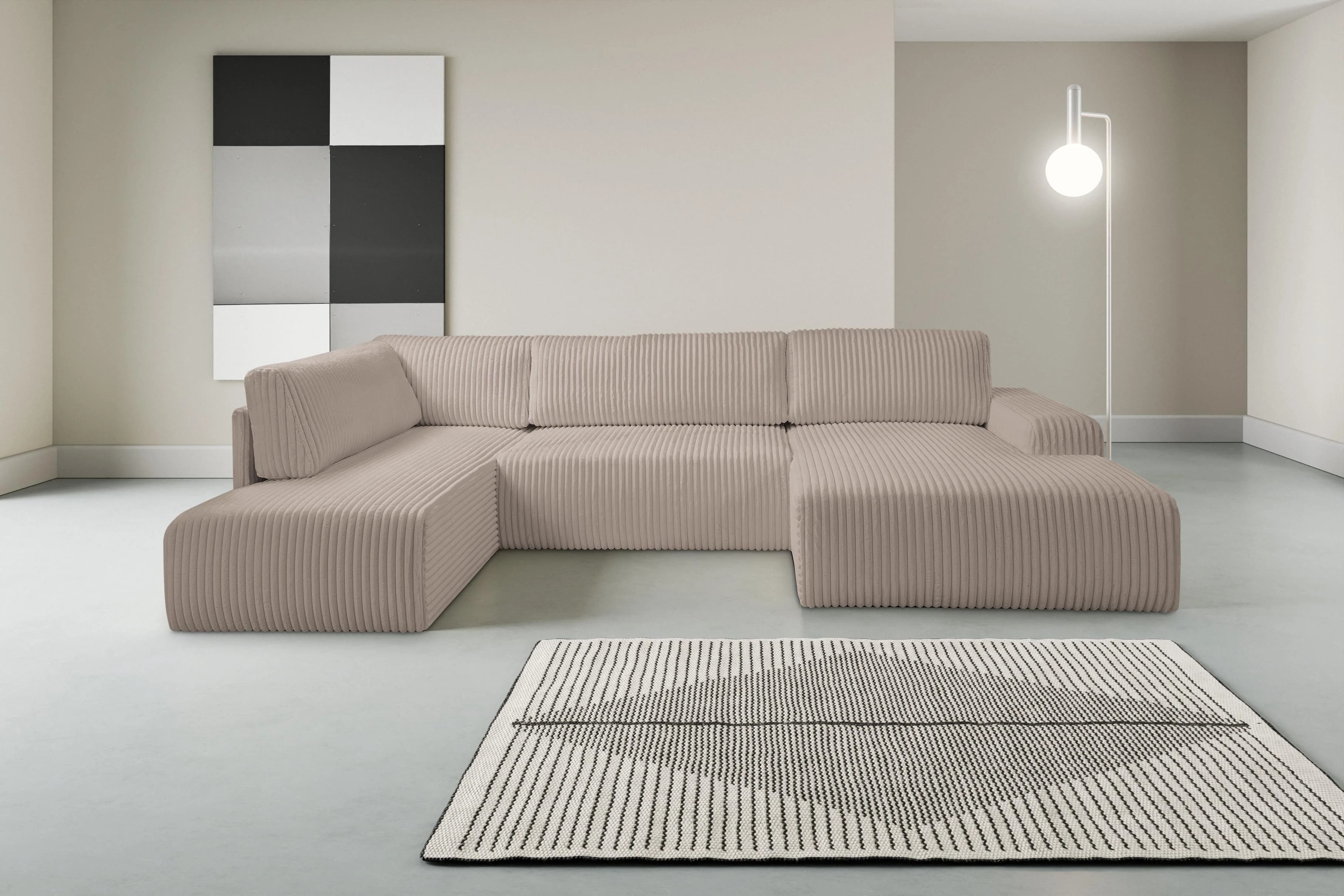 Wohnlandschaft WERK2 Rotterdam U-Form Breitcord Taupe mit Schlaffunktion