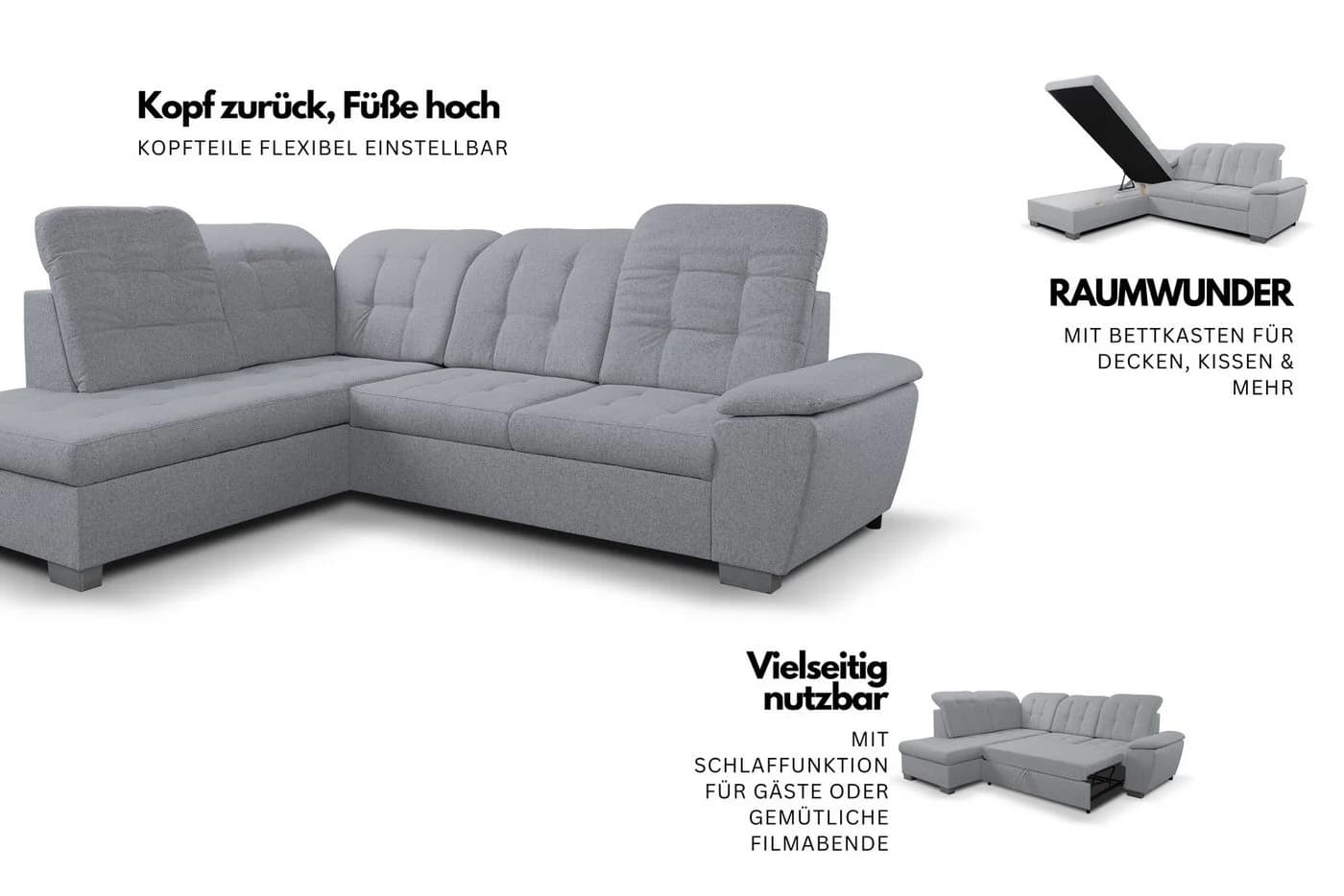 Ecksofa WERK2 "Bonny" inkl. Kopfteilverstellung, Bettfunktion, Stauraum, 265 cm, beige - Bild 3