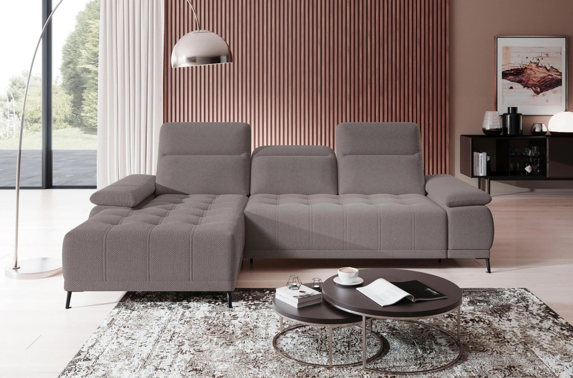 Ecksofa WERK2 Focus-S inkl. elektr. Sitzverstellung, manuelle Kopfteilverstellung, grau