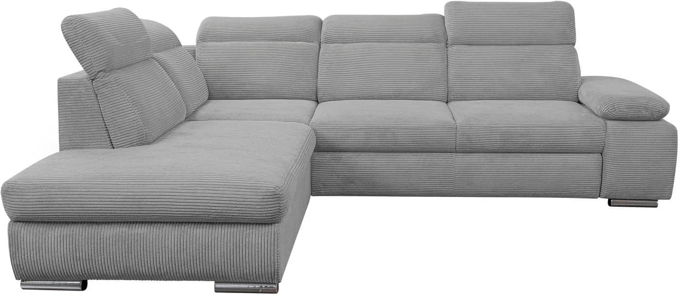 Ecksofa WERK2 Alicante Cord Grau mit Bettkasten & verstellbaren Kopfstützen
