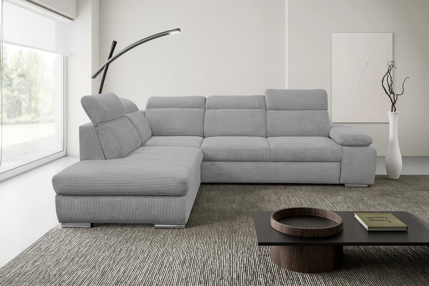Ecksofa WERK2 Alicante Cord Grau mit Bettkasten & verstellbaren Kopfstützen - Bild 2