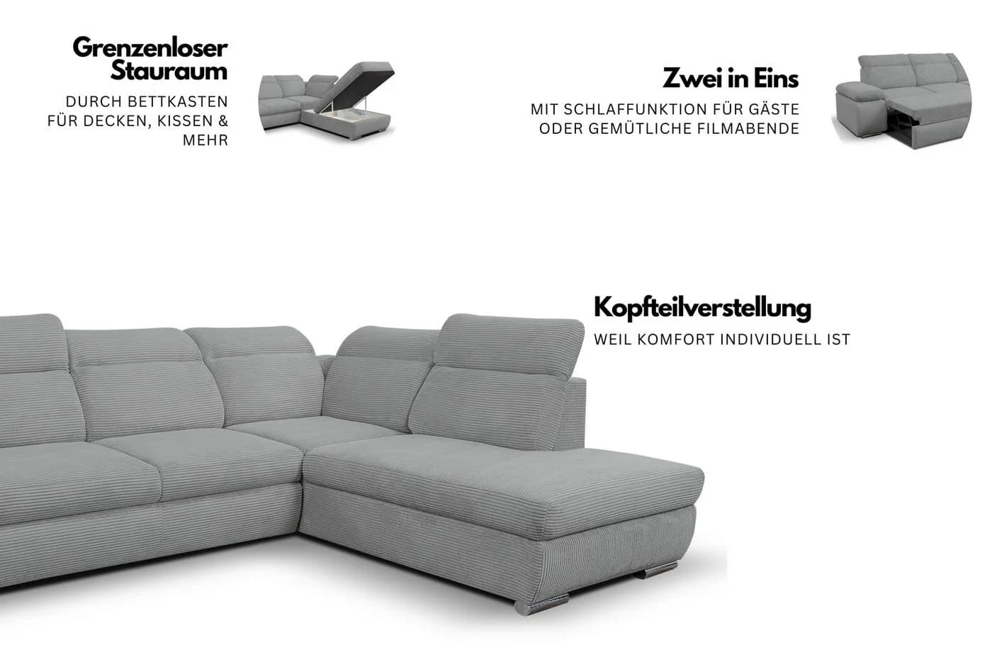 Ecksofa WERK2 Alicante Cord Bettfunktion Bettkasten 280cm L-Form Natur - Bild 3