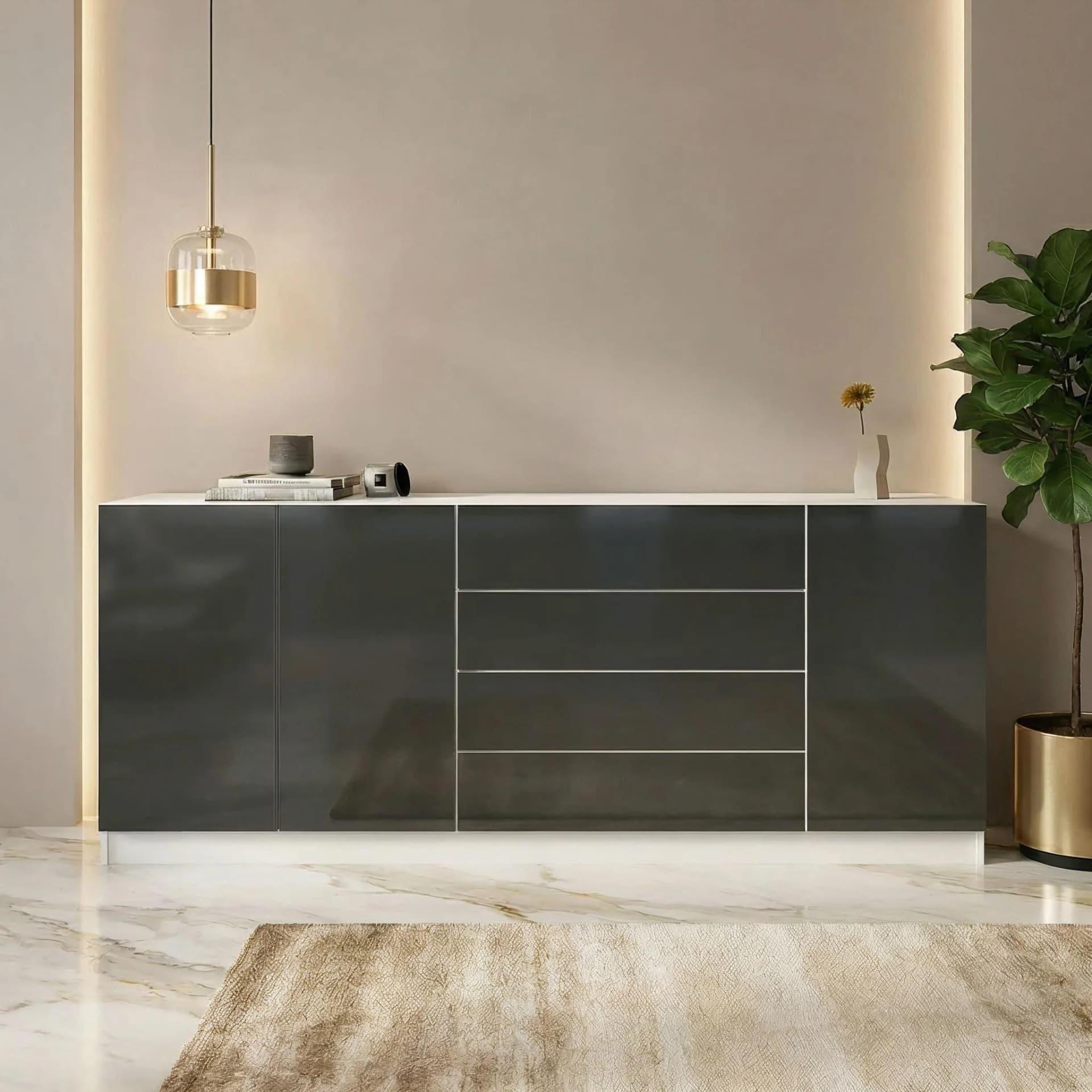 BORCHARDT MÖBEL Vaasa Sideboard 3 Türen 4 Schubladen Weiß Graphit Hochglanz