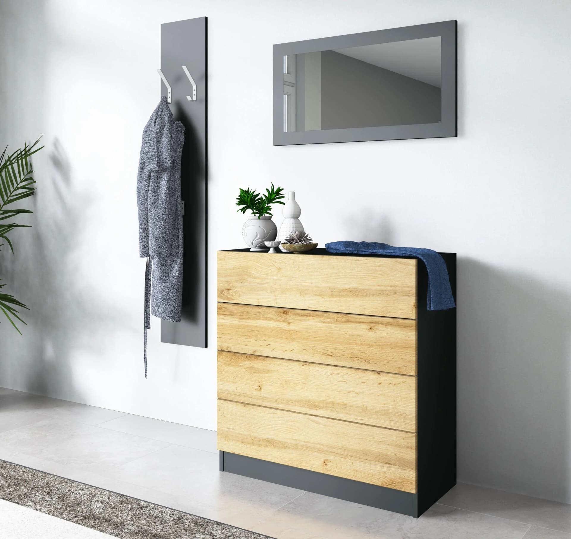 Garderoben-Set Vaasa 3 Schwarz Matt Eichefarben Wotan mit Push-to-Open