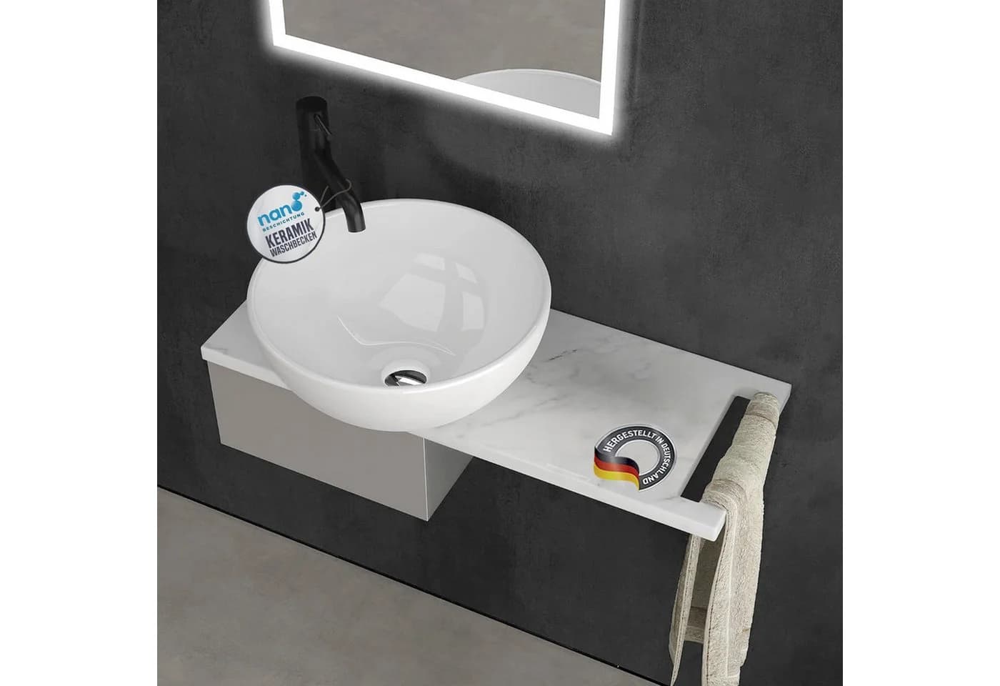 Alpenberger Aufsatzwaschbecken Rund - Keramik Waschbecken Klein Gäste WC Set mit Handtuchhalter - Bild 2