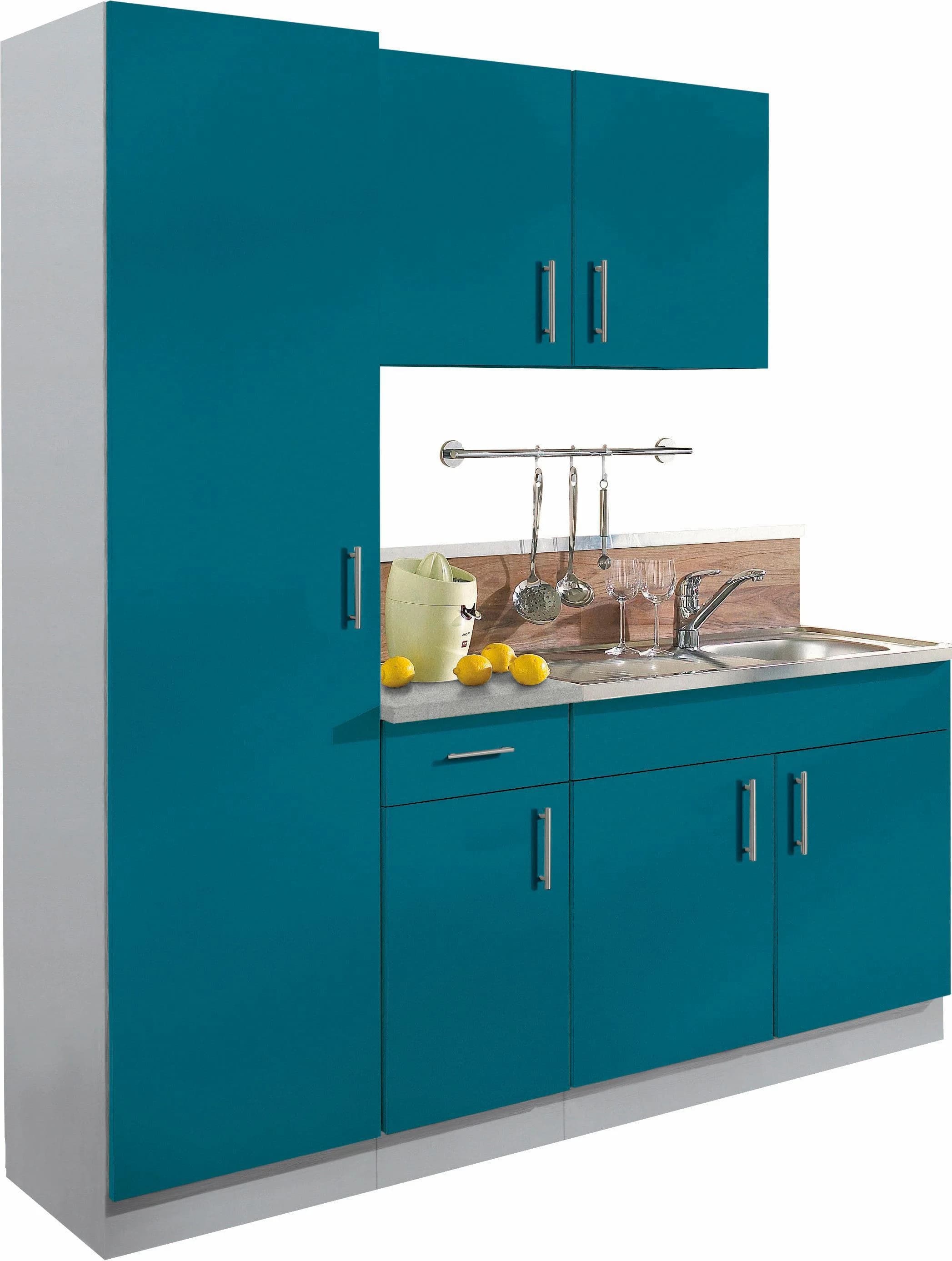 WIHO KÜCHEN Kiel Komplettküche Blau Grau 190cm mit Spüle