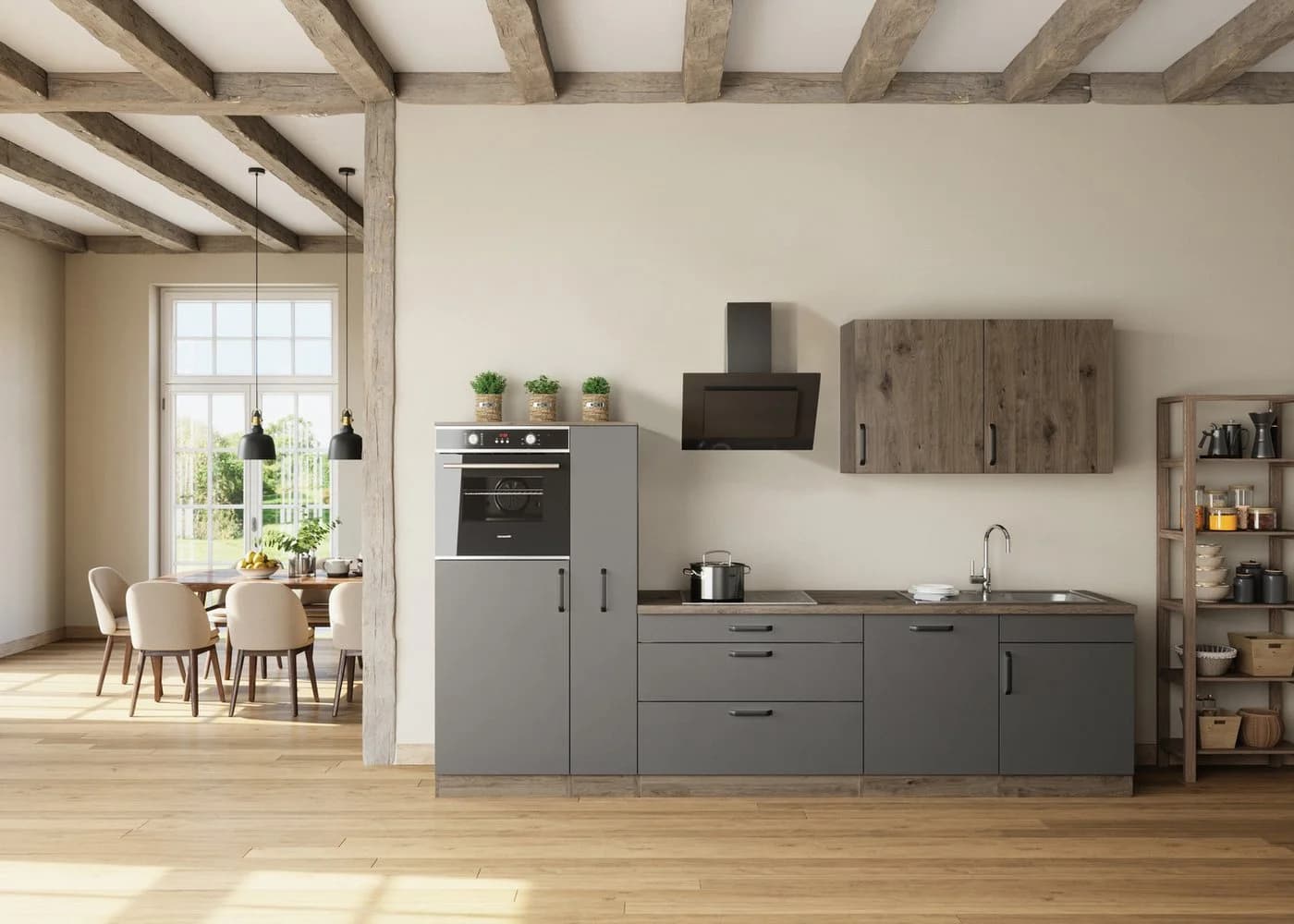 wiho Küchen Küchenzeile Elba Modern mit E-Geräten Grau Braun