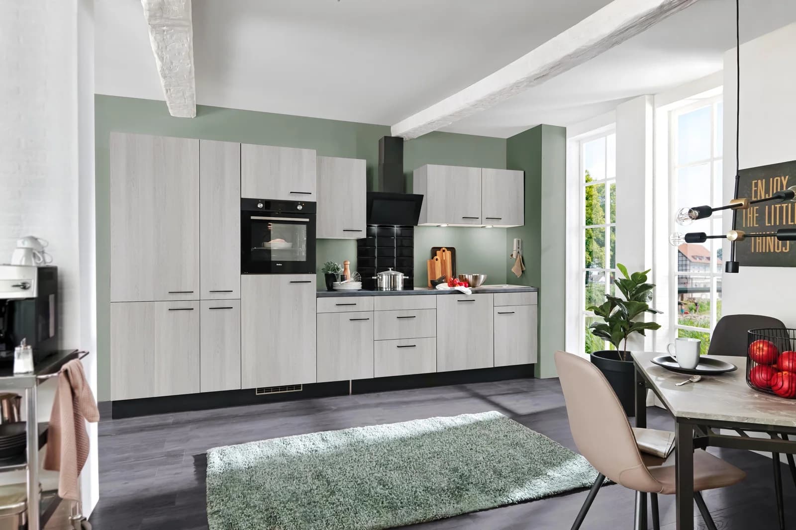 WIHO KÜCHEN Nisos Komplettküche 370cm Weiß Wilton Oak Optik