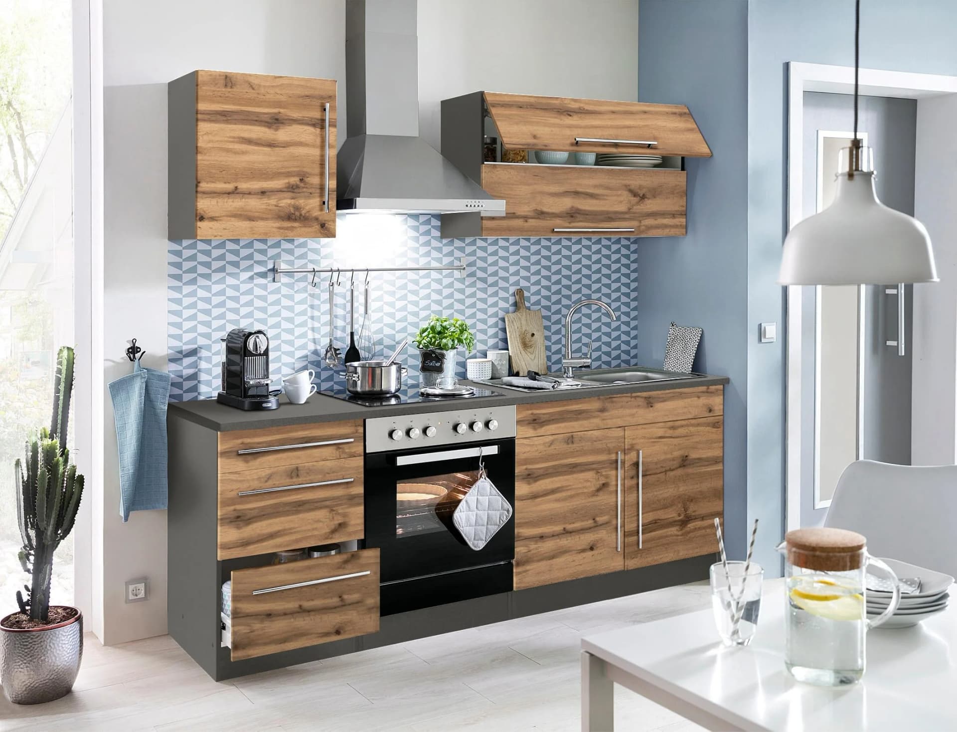 Kochstation KS-Samos Spülenschrank 100cm Braun/Grau mit Spüle