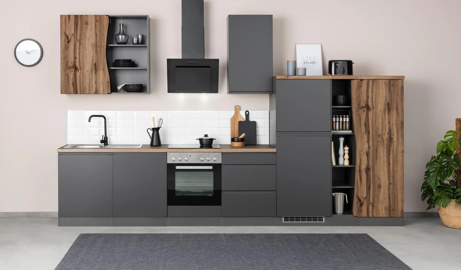 Billiger-baur.de Kochstation Bruneck 380cm Grau Matt MDF Fronten