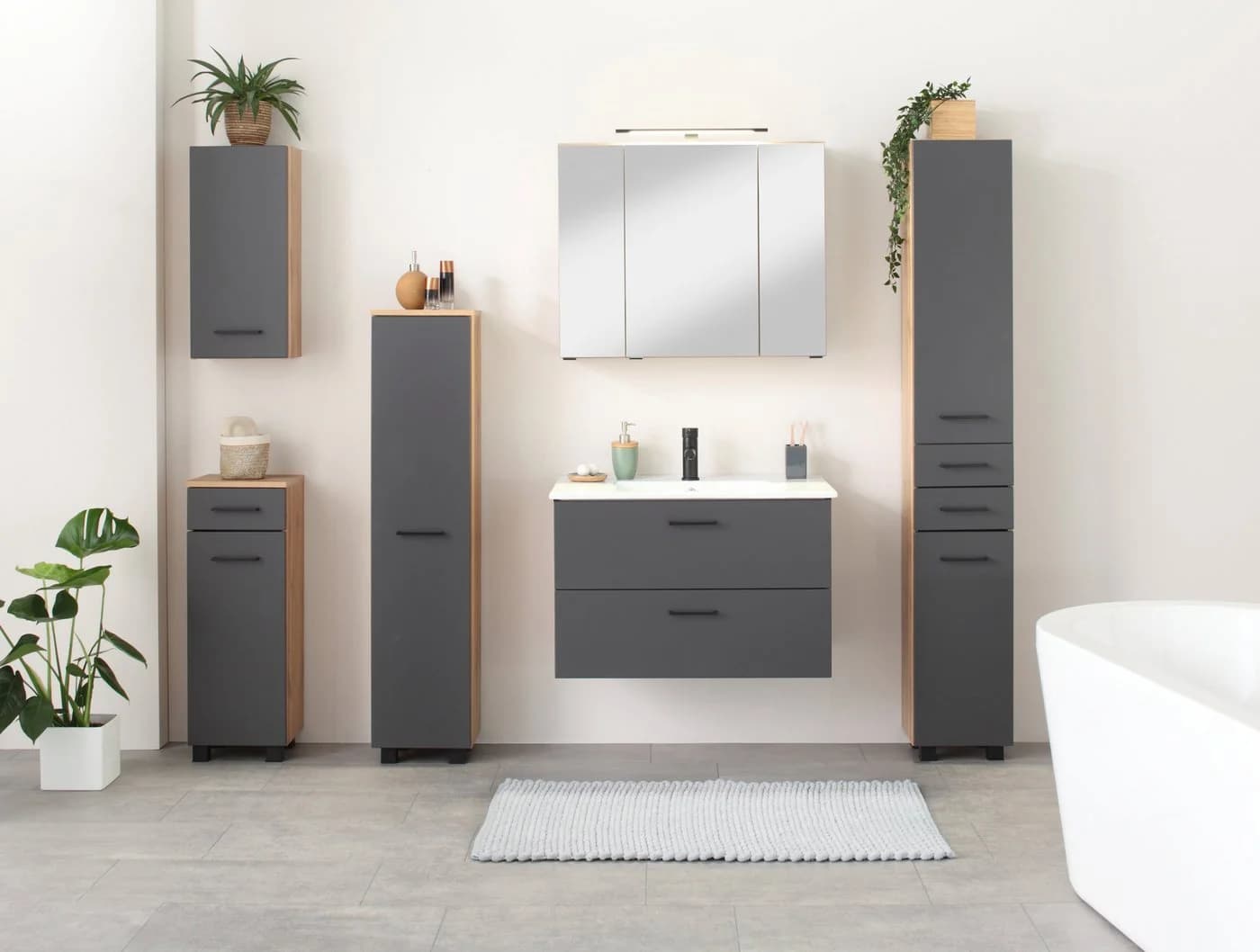 WELLTIME Spiegelschrank Trento Grau mit LED und Steckdose