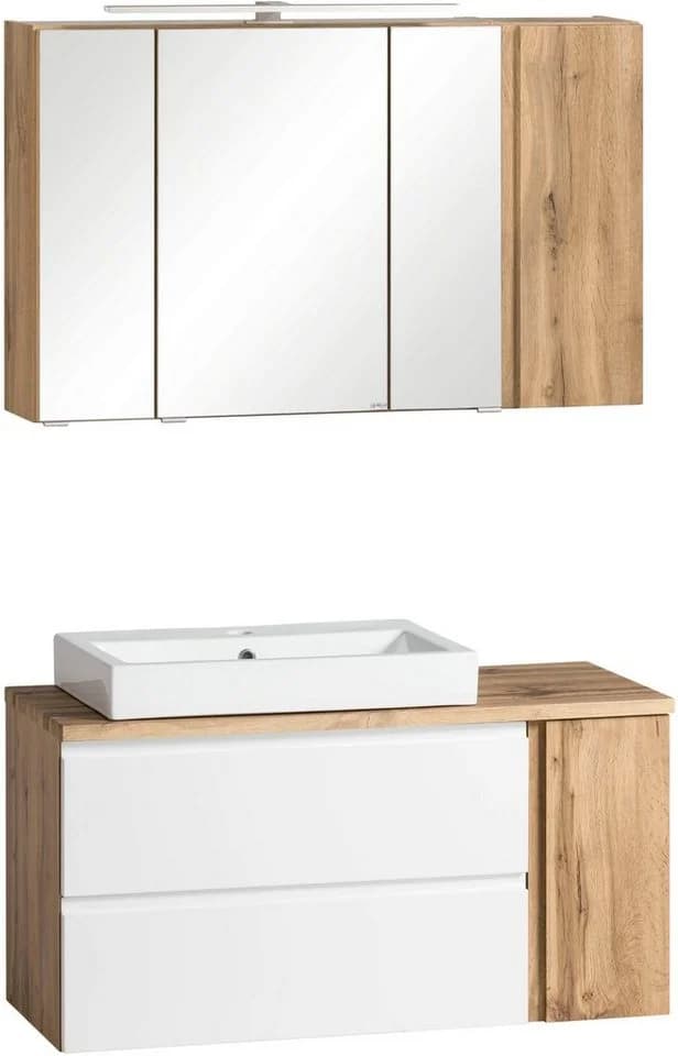 WELLTIME Badmöbel-Set Sölden Weiß Matt mit LED Spiegelschrank