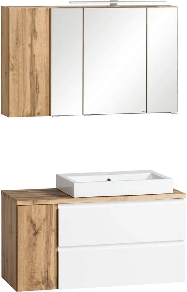 WELLTIME Badmöbel-Set Sölden Matt Weiß mit LED Spiegelschrank